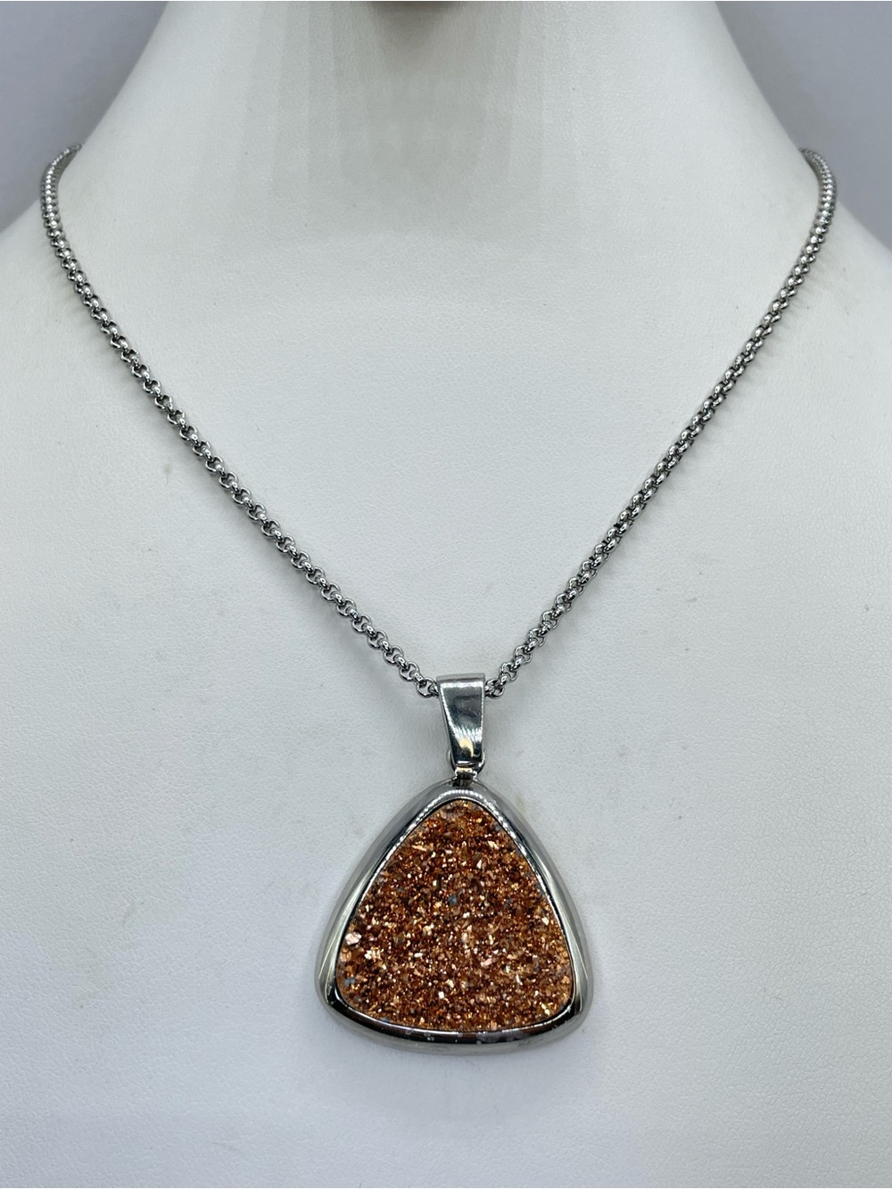Stainless Steel Brown Druzy Agate Pendant Necklace Geode Crystal Statement
